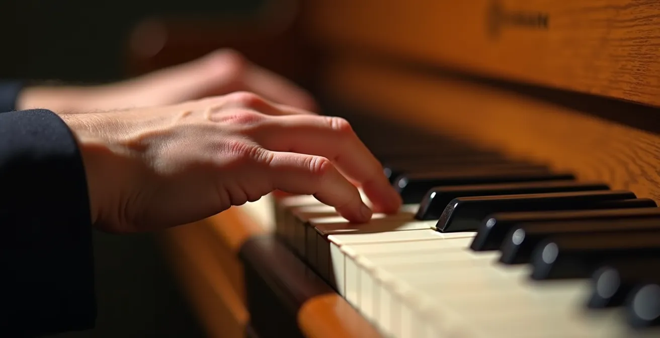 Mains de pianiste jouant un accord de sixte napolitaine sur un piano