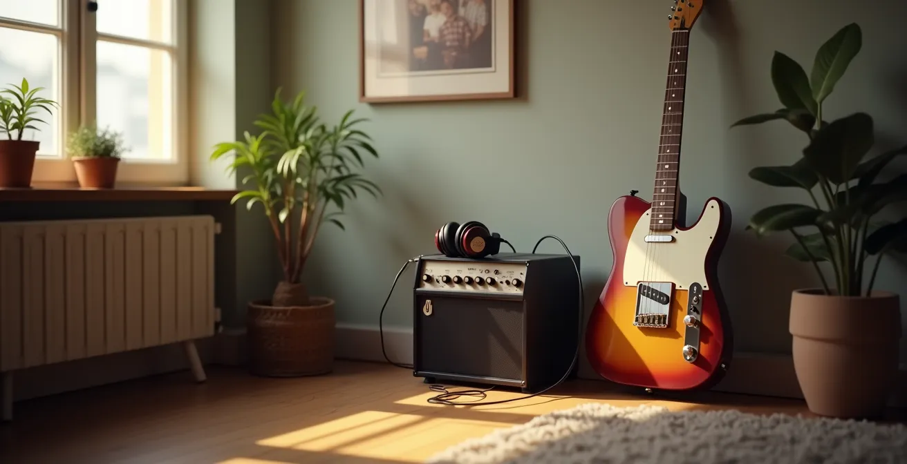 Configuration d'un petit ampli à lampes avec loadbox Two Notes dans un appartement moderne, mise en scène intimiste pour jeu silencieux