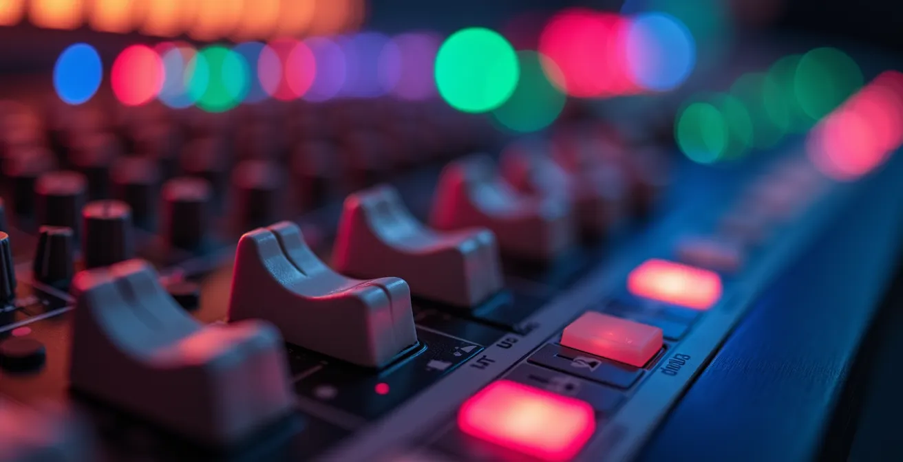 Vue macro d'une console de mixage montrant les dimensions spatiales du son