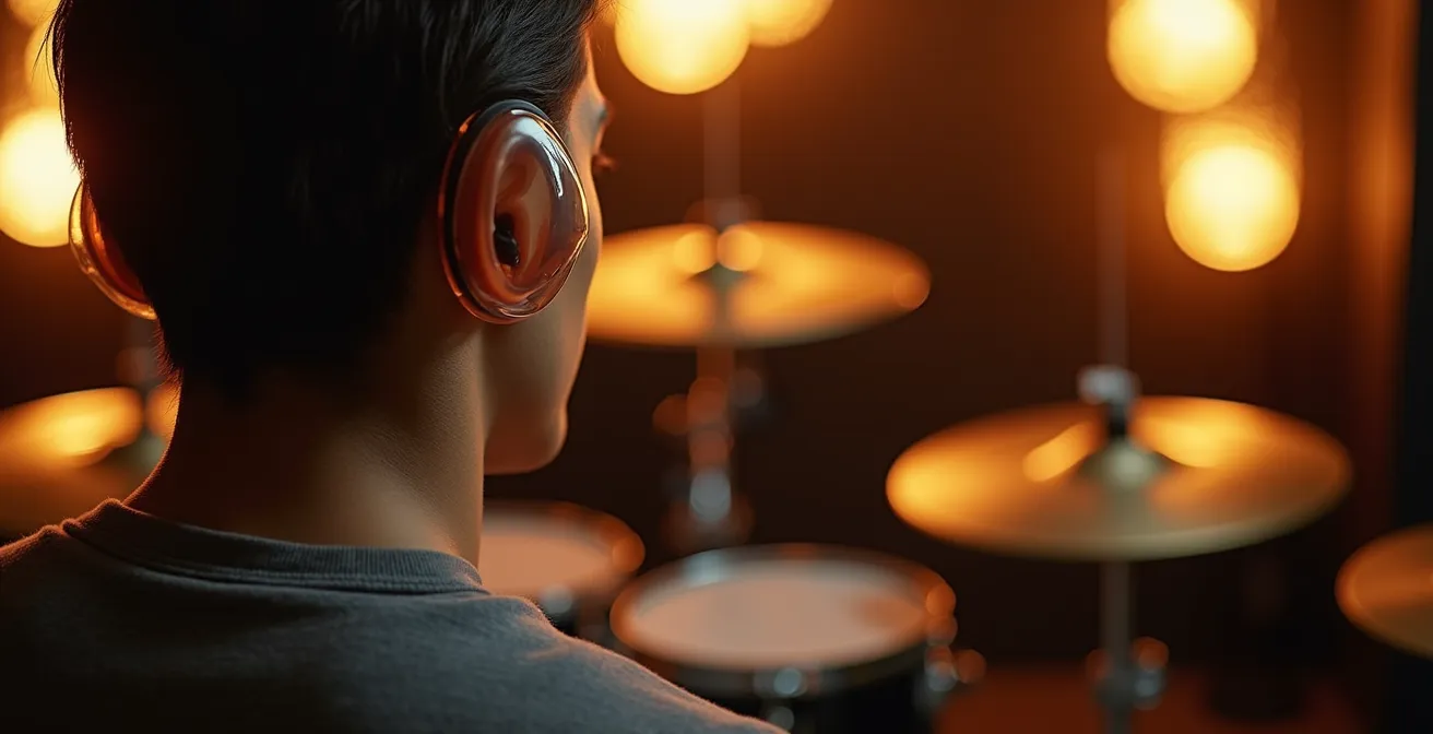 Batteur vu de dos avec protections auditives moulées visibles, cymbales brillantes en arrière-plan flou