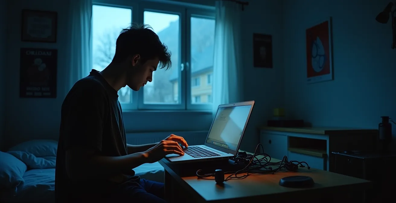 Home studio minimaliste avec ordinateur portable et interface audio dans une chambre