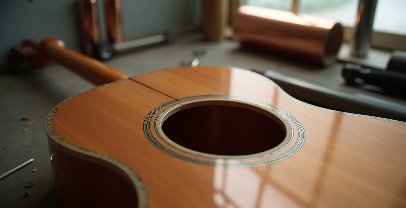 Vue détaillée d'une cavité de guitare électrique tapissée de feuille de cuivre pour le blindage électromagnétique