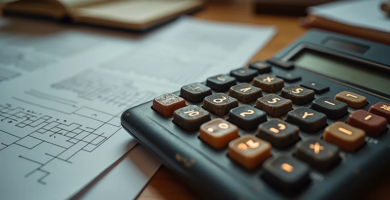 Bureau d'artiste avec calculatrice et documents financiers vus de haut