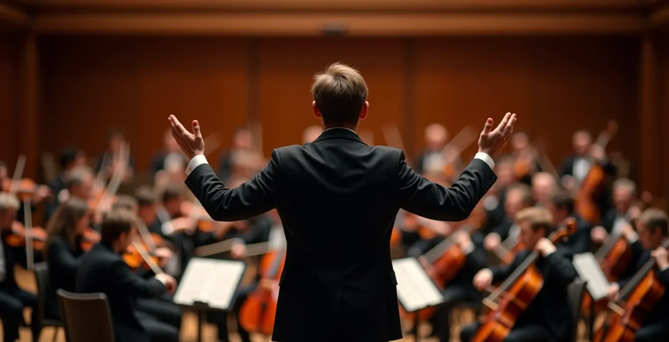 Chef d'orchestre de dos face à son orchestre, bras relâchés après la fin d'une symphonie