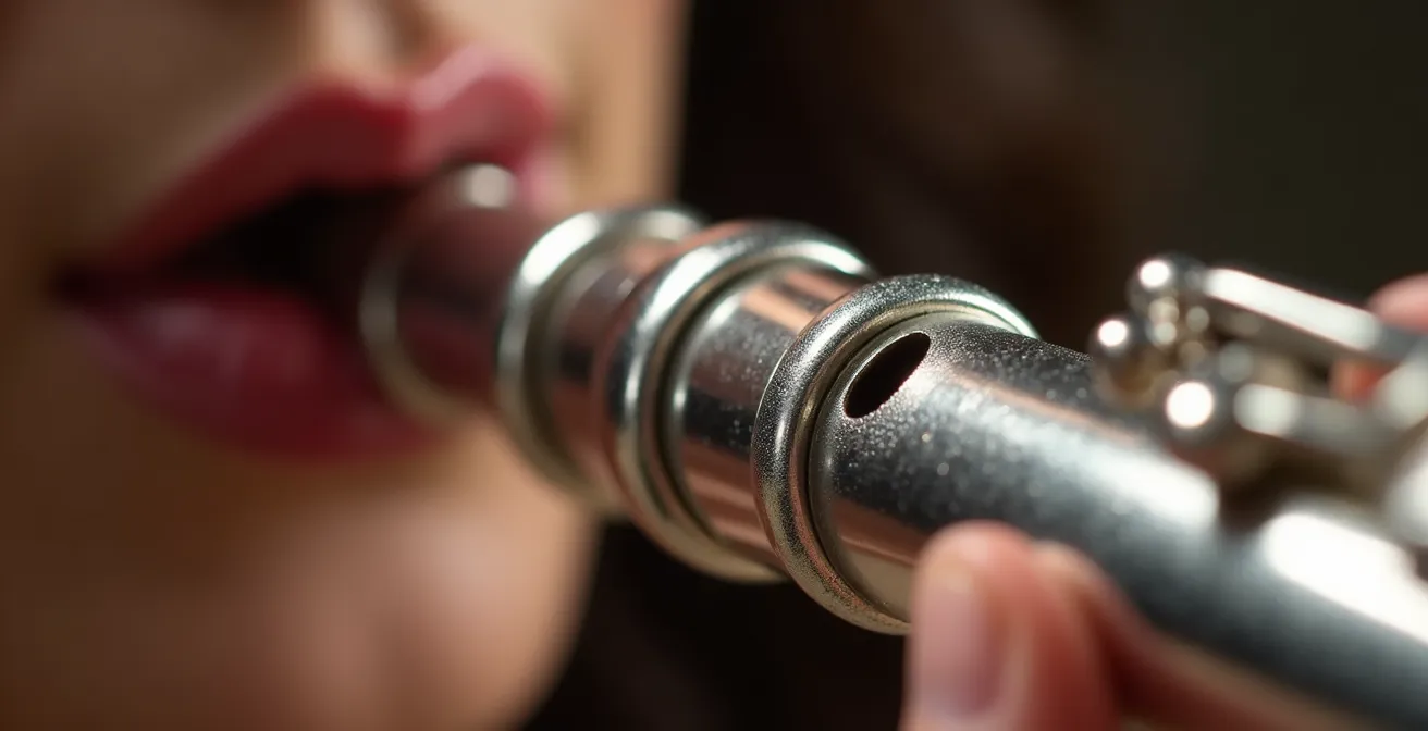 Gros plan sur l'embouchure d'une flûte traversière montrant la position précise des lèvres