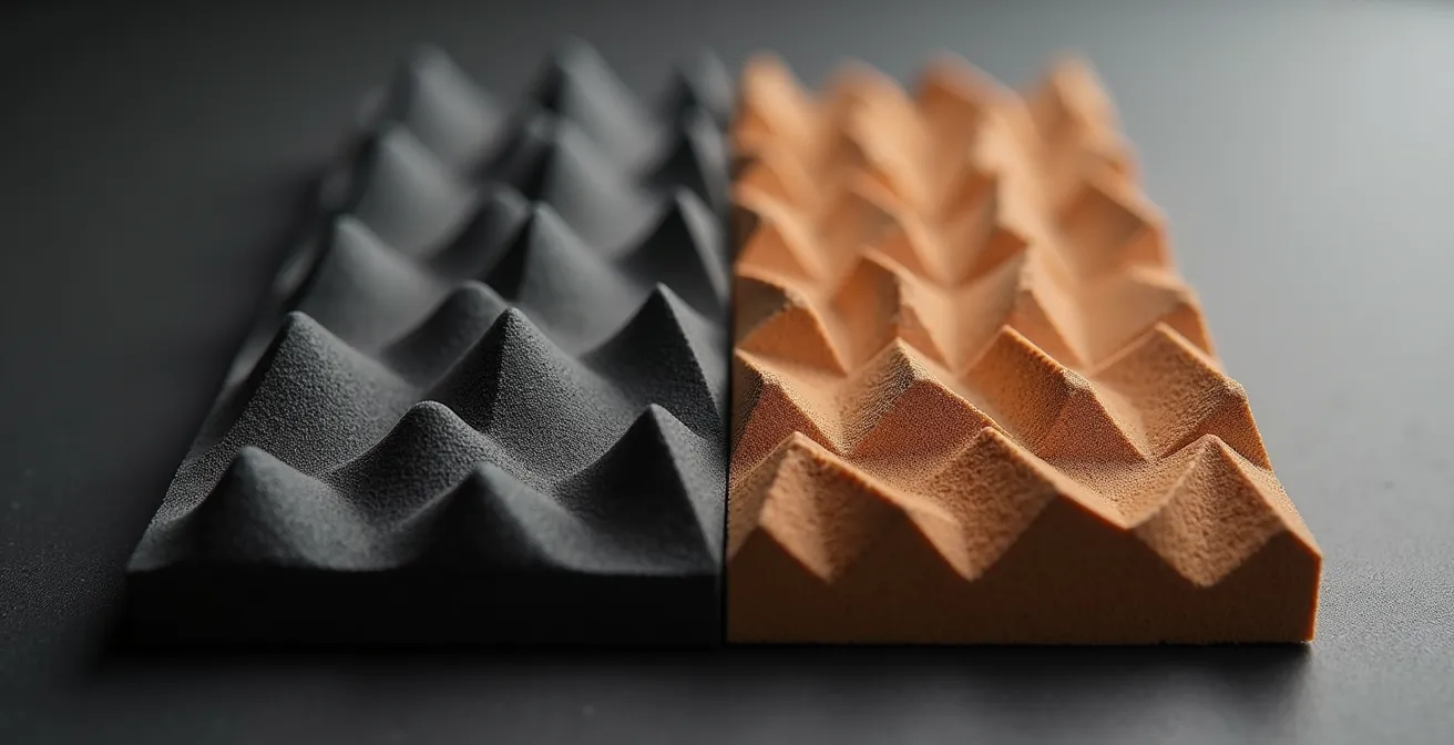 Gros plan sur différents matériaux acoustiques montrant textures et structures