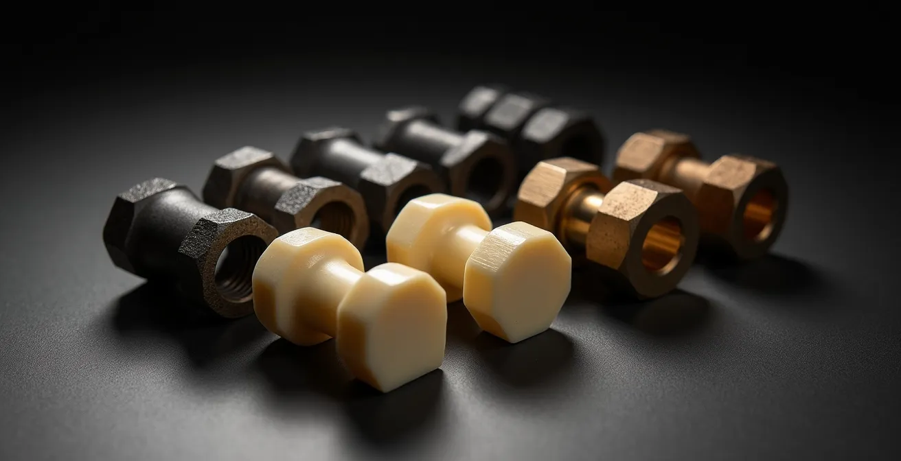 Comparaison de différents sillets de guitare en os, graphite et plastique disposés sur un établi