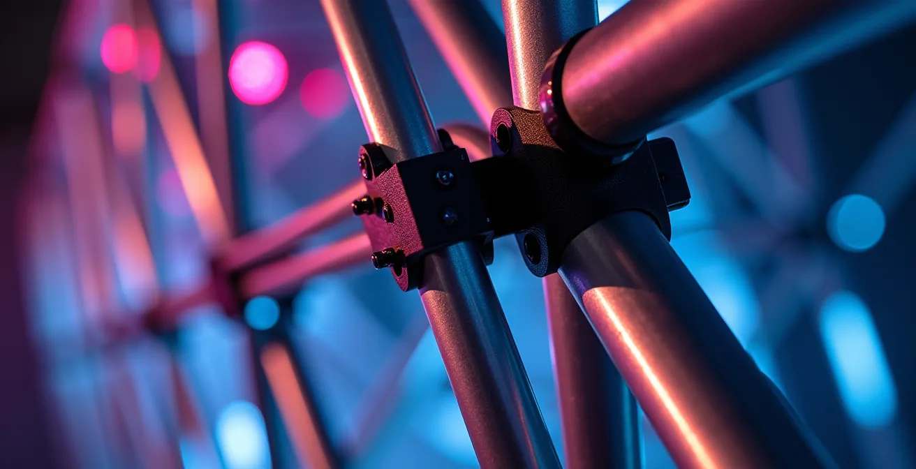Gros plan sur une structure métallique de scène avec éléments LED visibles en périphérie et toile tendue au centre