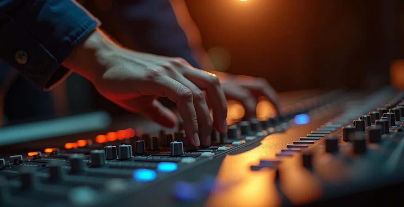 Console de mixage professionnelle avec faders alignés pour le mastering d'un album