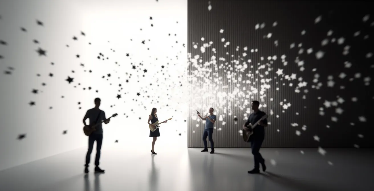 Visualisation abstraite du contraste entre passages denses et épurés dans un arrangement musical