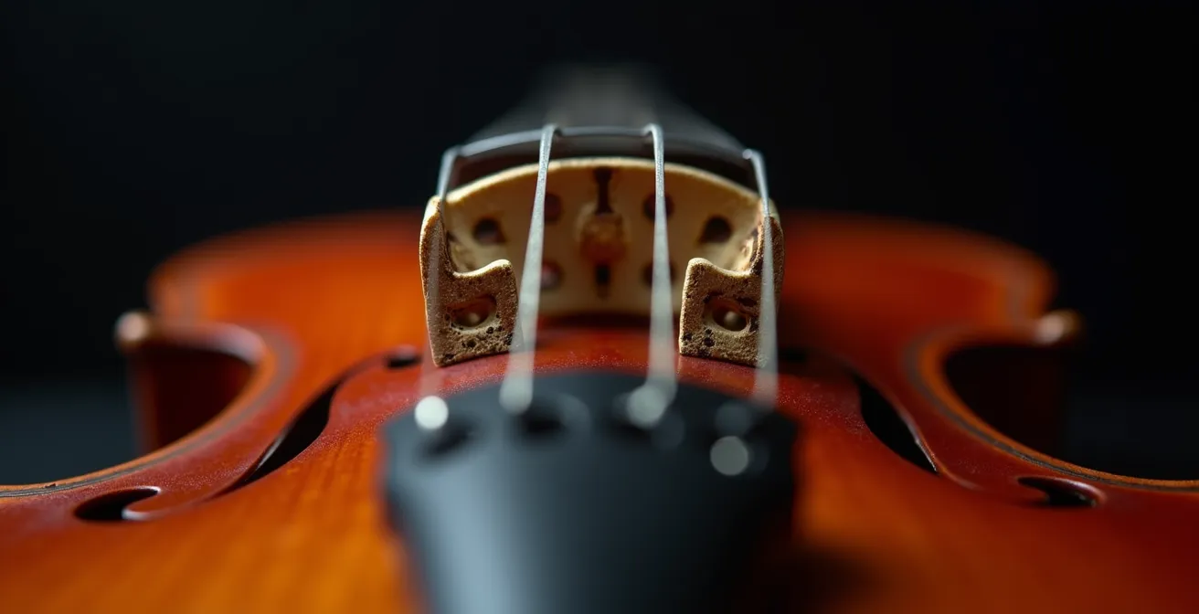 Gros plan macro sur des cordes de violon montrant la différence entre une corde neuve brillante et une corde usée oxydée