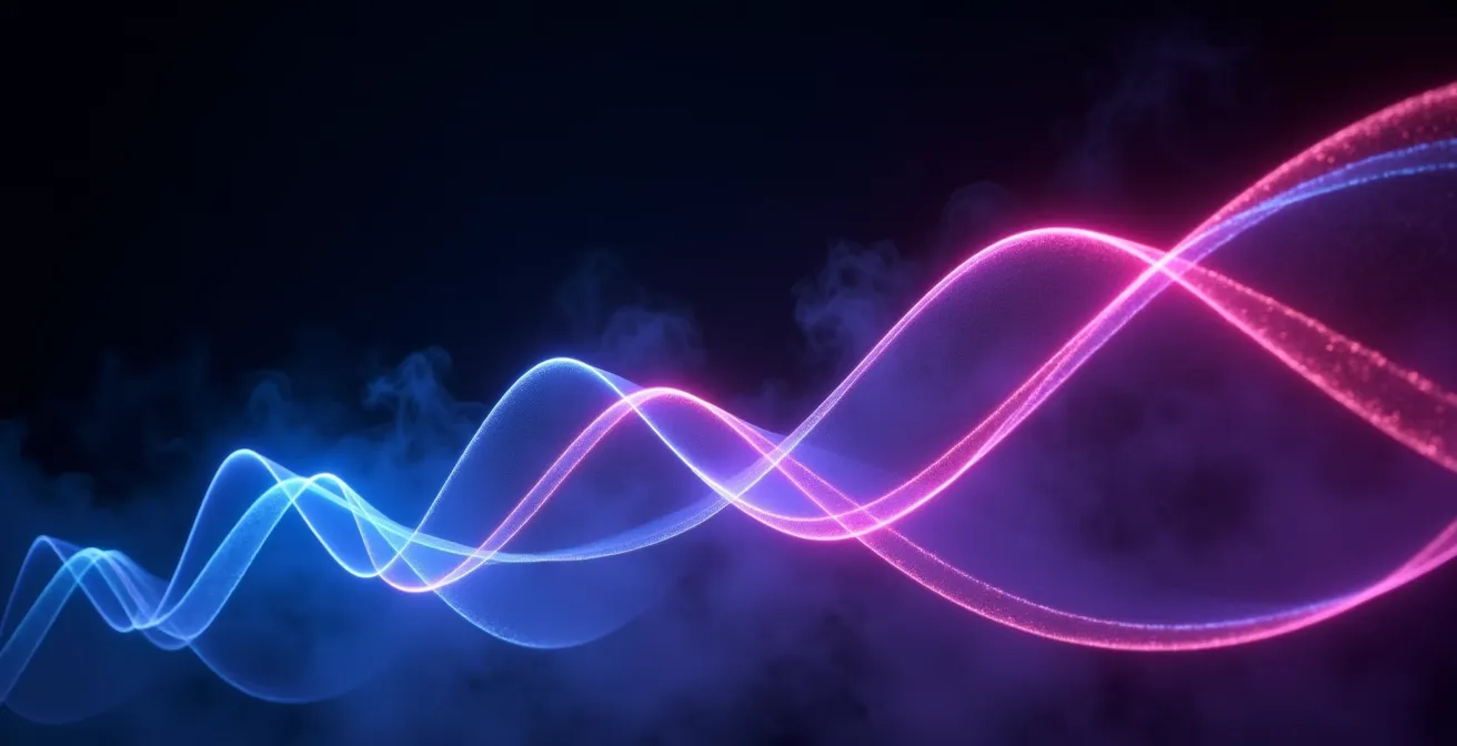 Visualisation abstraite d'une montée en énergie sur un dancefloor avec effets lumineux