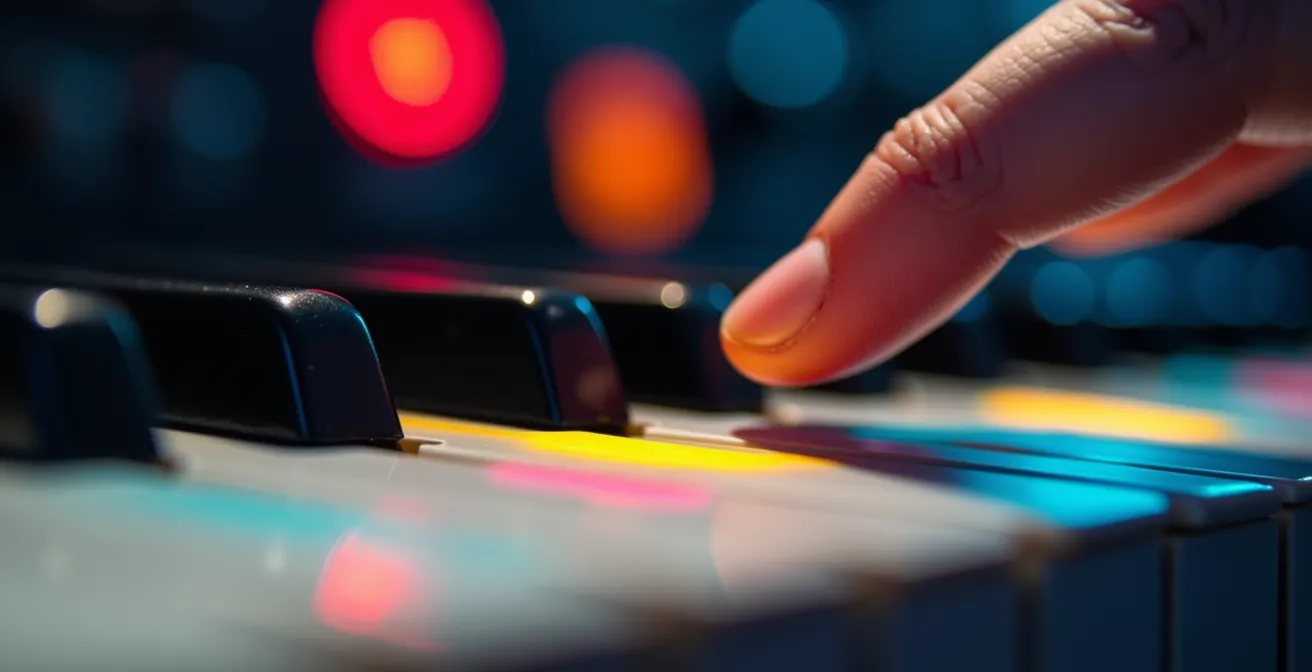 Gros plan sur un clavier de piano avec trois touches colorées représentant la création d'un logo sonore