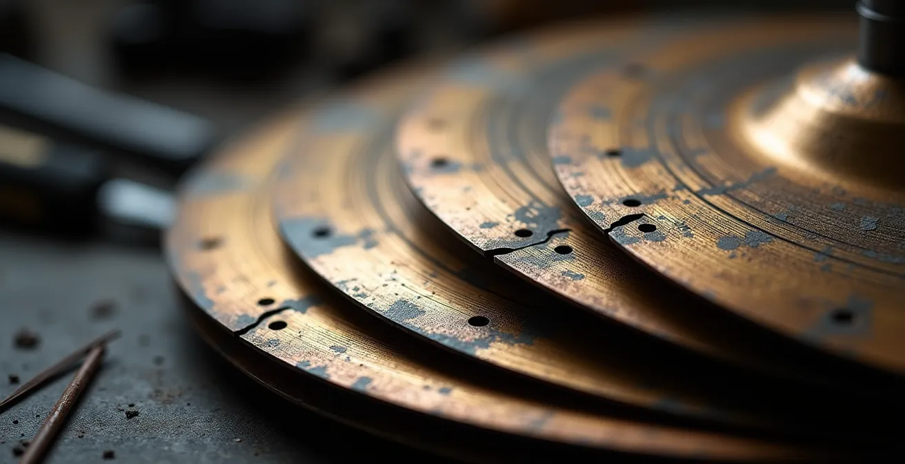 Gros plan sur un stack de cymbales recyclées avec perforations et rivets créatifs