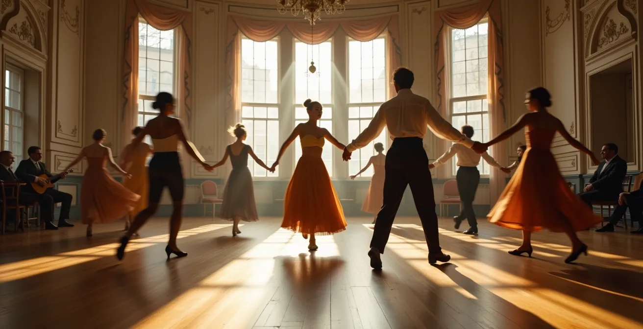 Scène de bal français avec danseurs en mouvement naturel malgré une rythmique complexe