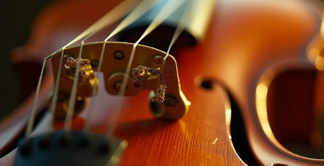 Détail macro de cordes de violon et mécaniques d'instruments en laiton avec textures visibles