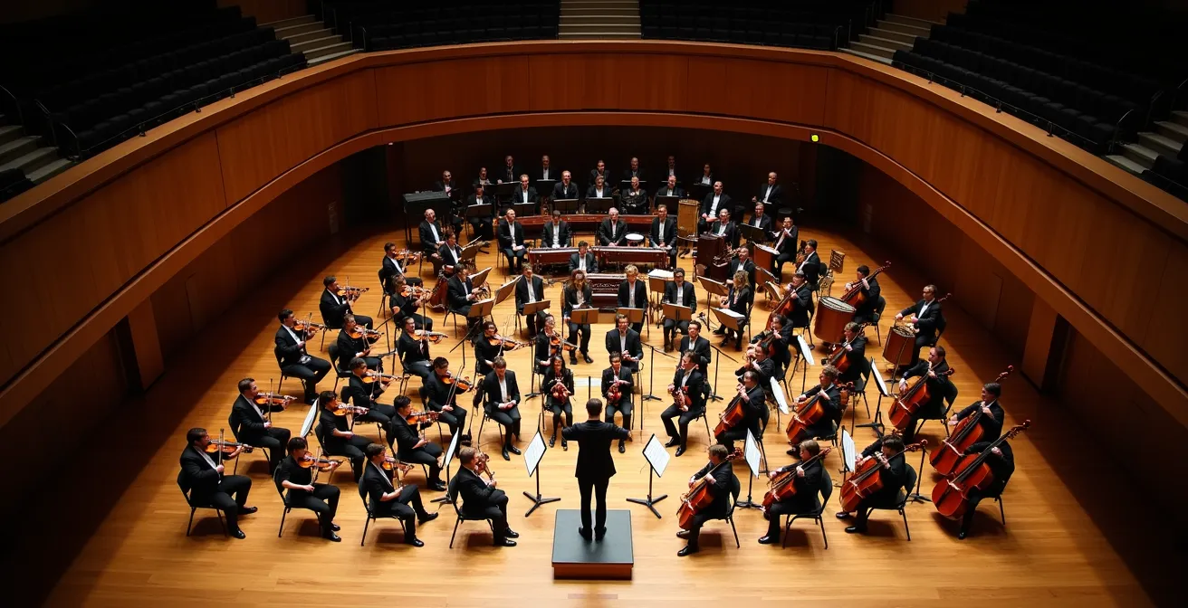 Vue aérienne d'un orchestre symphonique montrant la disposition des pupitres sur scène.