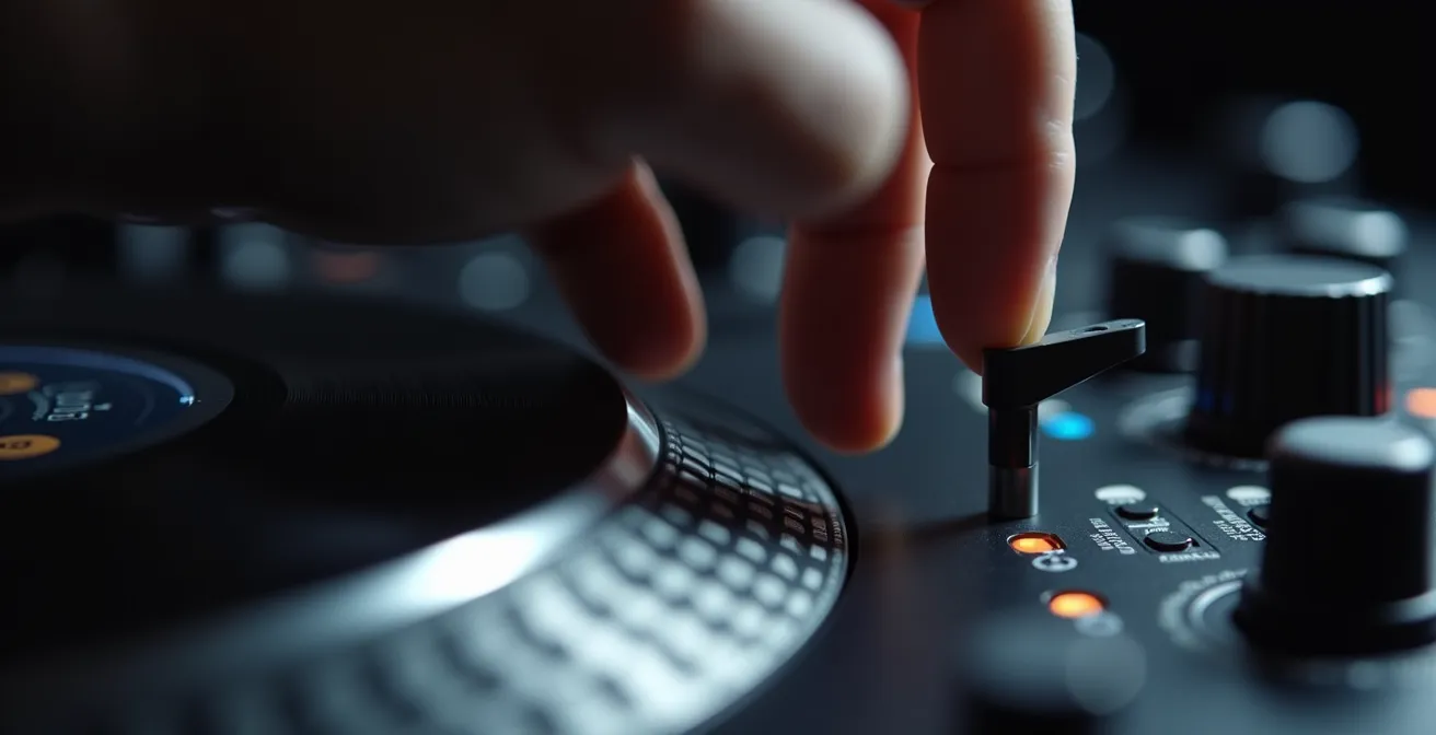 Gros plan sur la main d'un DJ ajustant le fader de pitch sur une platine professionnelle