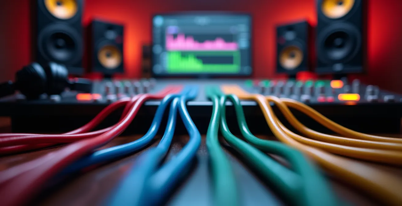 Vue rapprochée d'un écran de montage audio professionnel montrant plusieurs pistes stems organisées