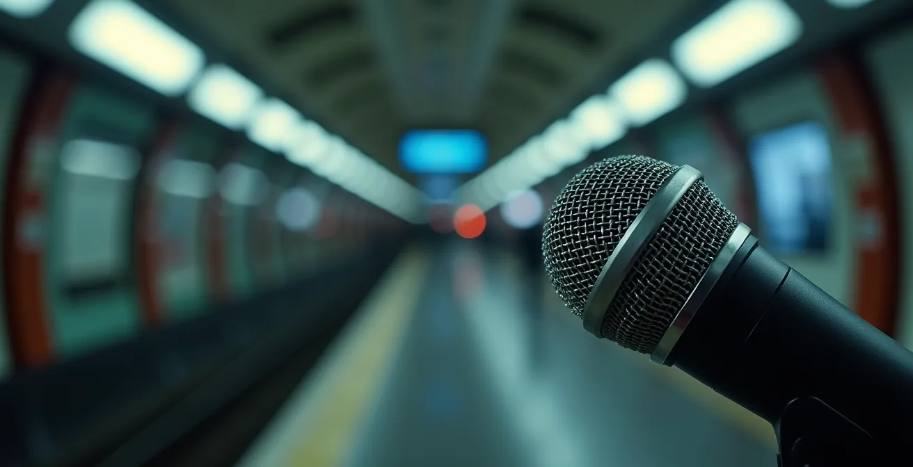 Microphone professionnel capturant les sons urbains dans le métro parisien