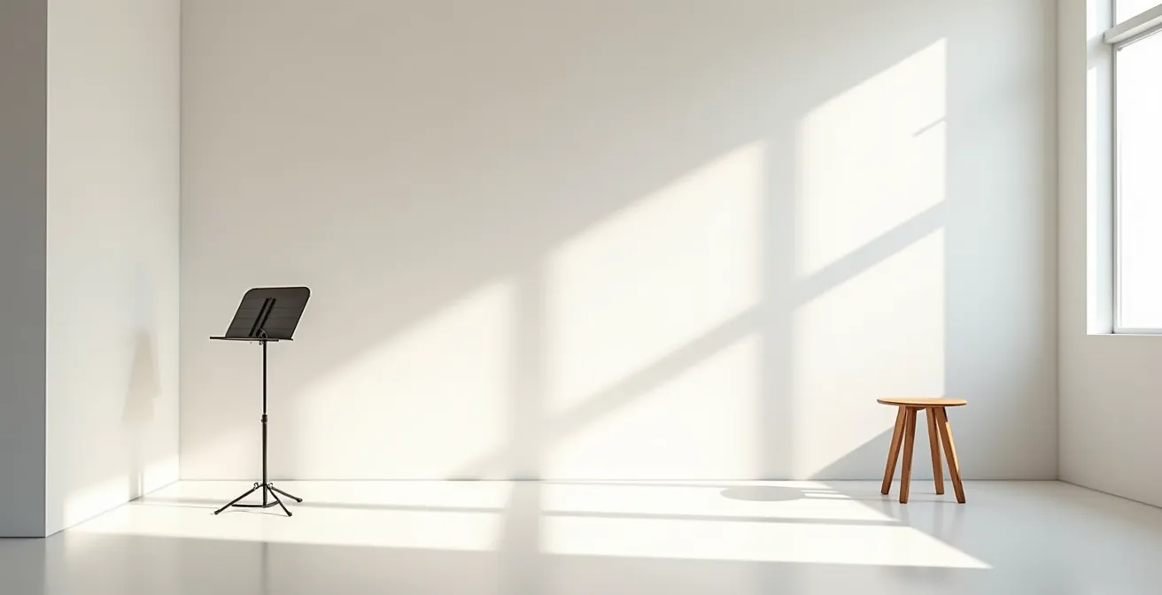 Studio d'enregistrement minimaliste avec espace négatif et lumière naturelle douce