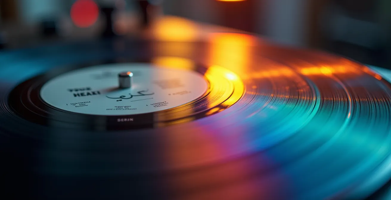 Macro détaillée de sillons de vinyle avec jeux de lumière créant des motifs abstraits