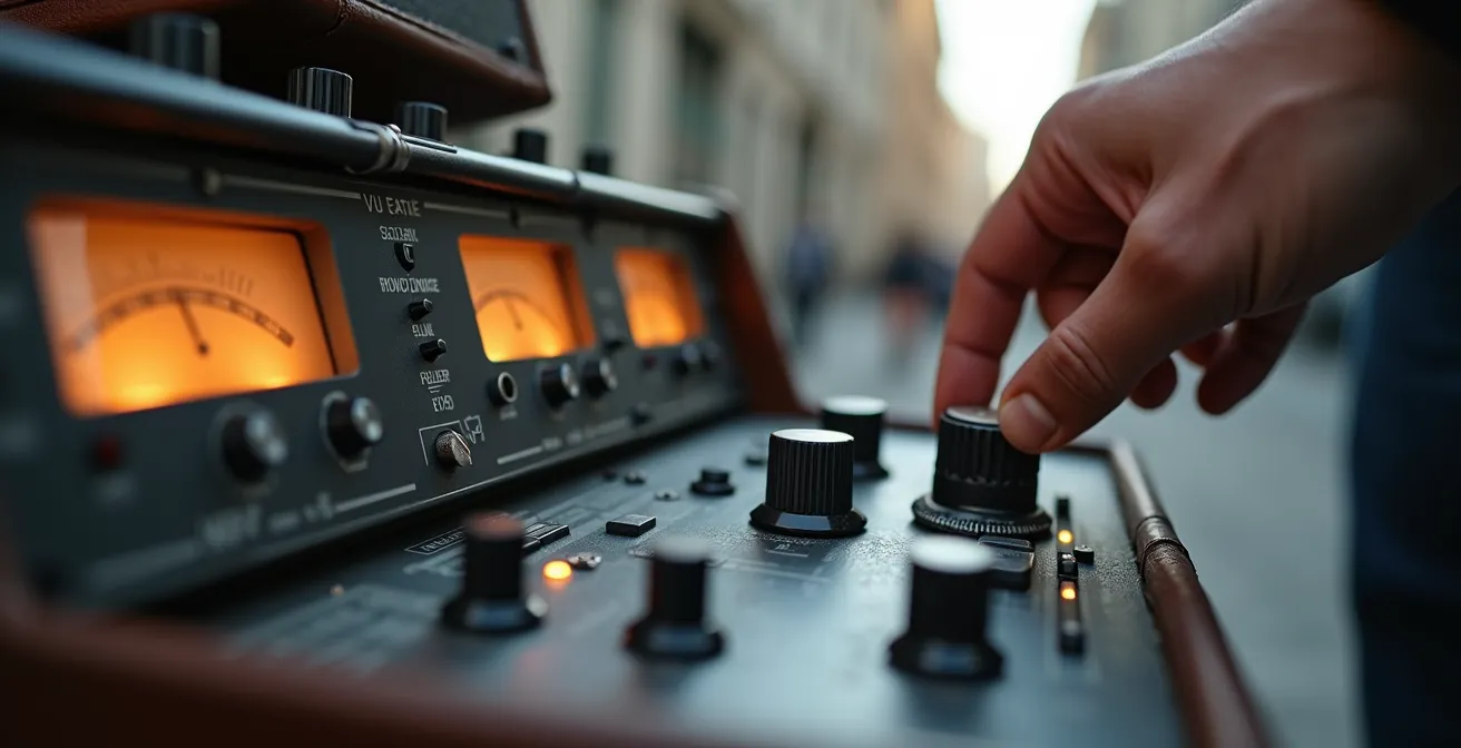 Ingénieur du son capturant des sons d'ambiance dans un environnement urbain français