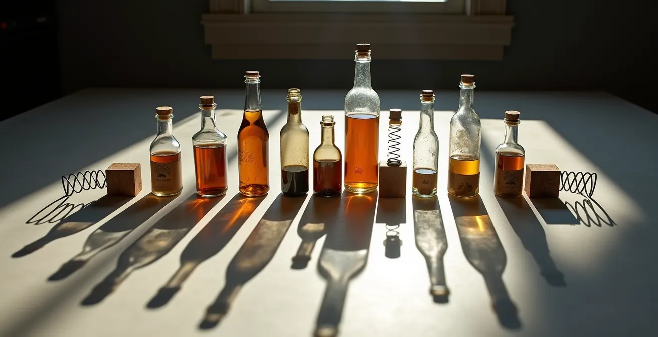 Vue large d'un espace de travail créatif avec objets du quotidien transformés en instruments