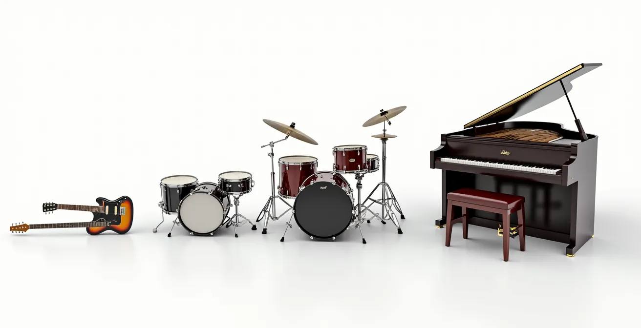 Instruments de musique disposés en dégradé suggérant une déconstruction progressive