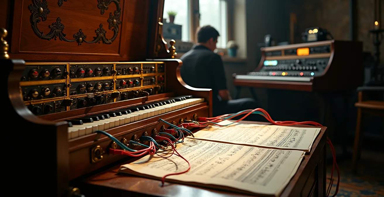 Clavecin connecté à des modules de synthèse électronique dans un studio