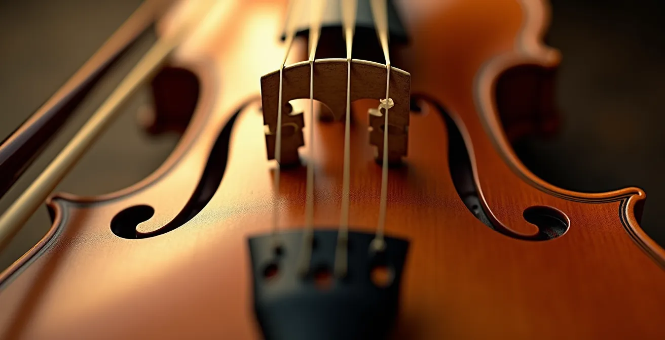 Gros plan macro sur les cordes d'un violon vibrant avec un hautbois flou en arrière-plan, montrant la synergie des timbres