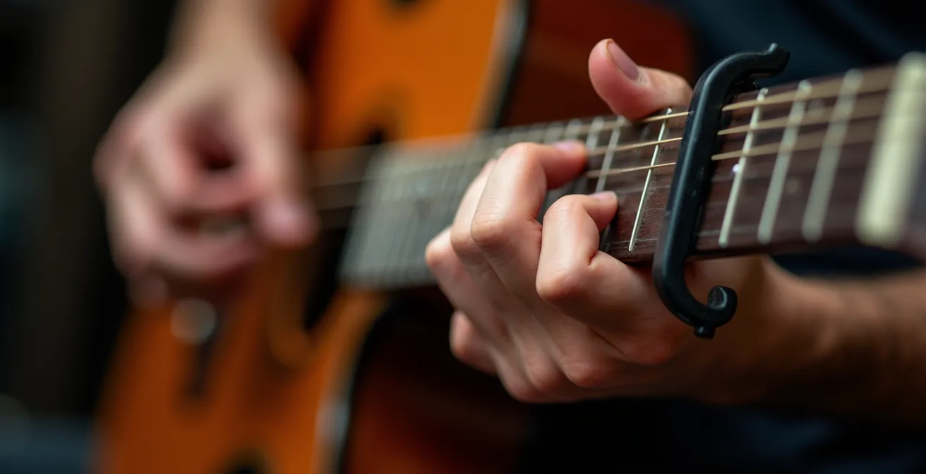 Gros plan sur les mains d'un guitariste montrant l'ancrage physique du premier temps par le mouvement du poignet