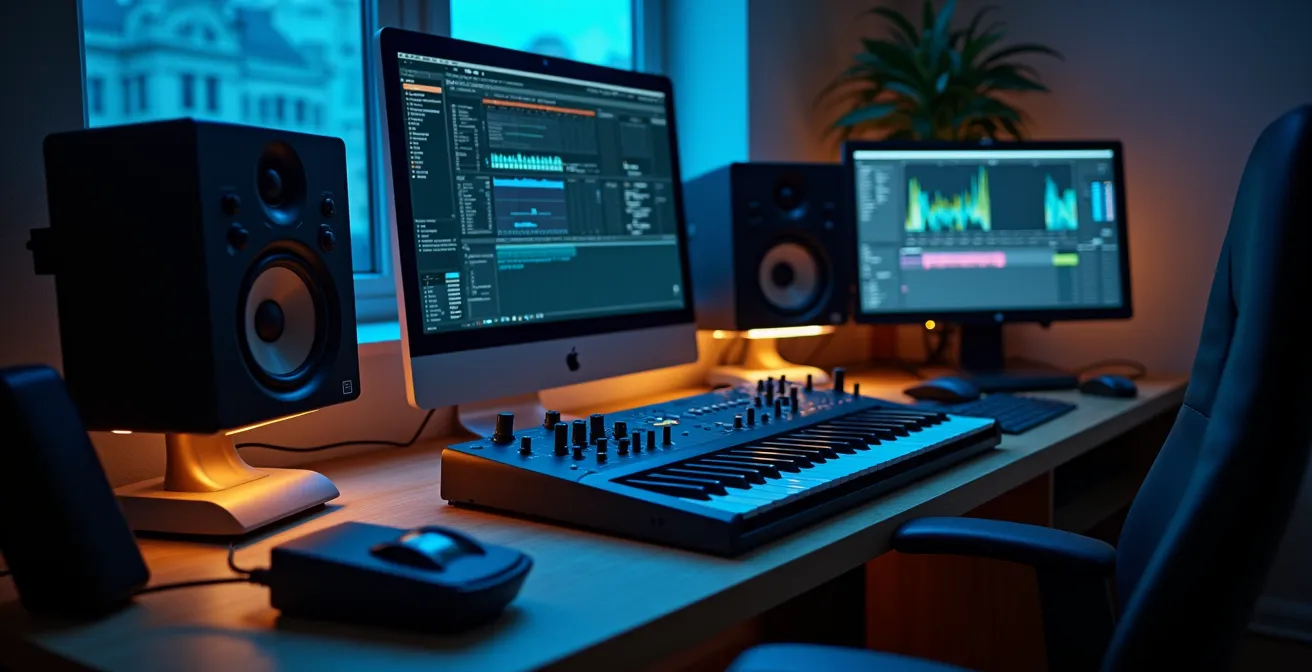 Studio de production musicale moderne avec équipement MAO, écrans éteints montrant uniquement les reflets, ambiance professionnelle