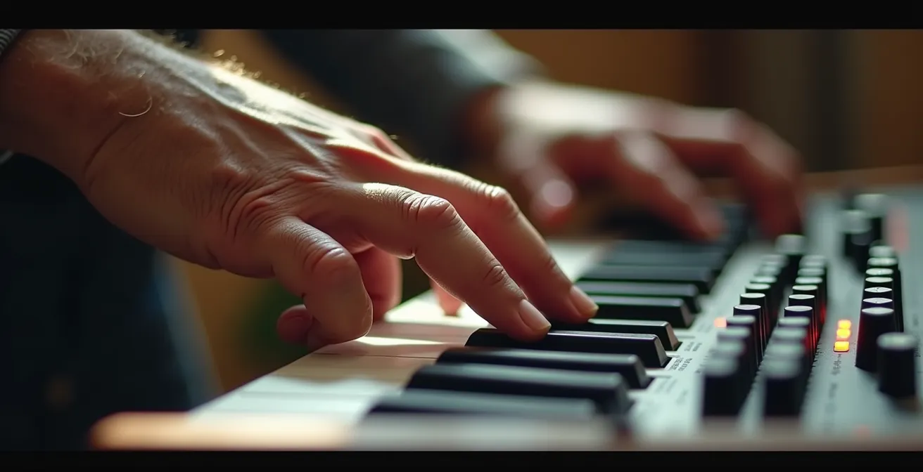 Gros plan sur des mains manipulant des potentiomètres de synthétiseur avec expression concentrée