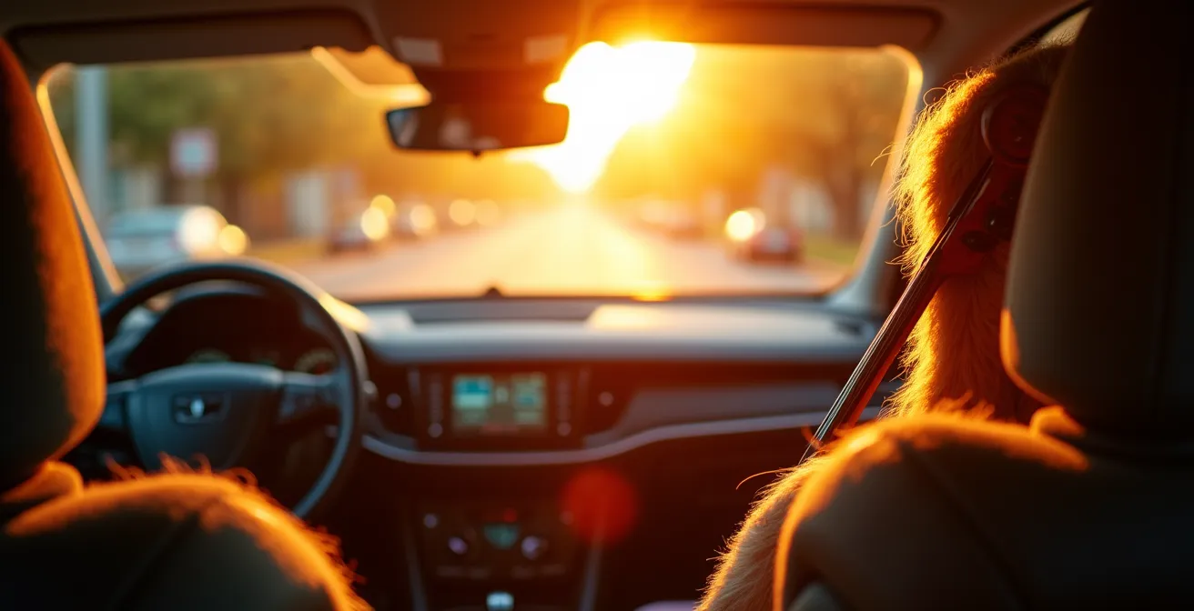 Intérieur de voiture en plein soleil avec étui d'instrument sur la banquette arrière, suggérant une température extrême