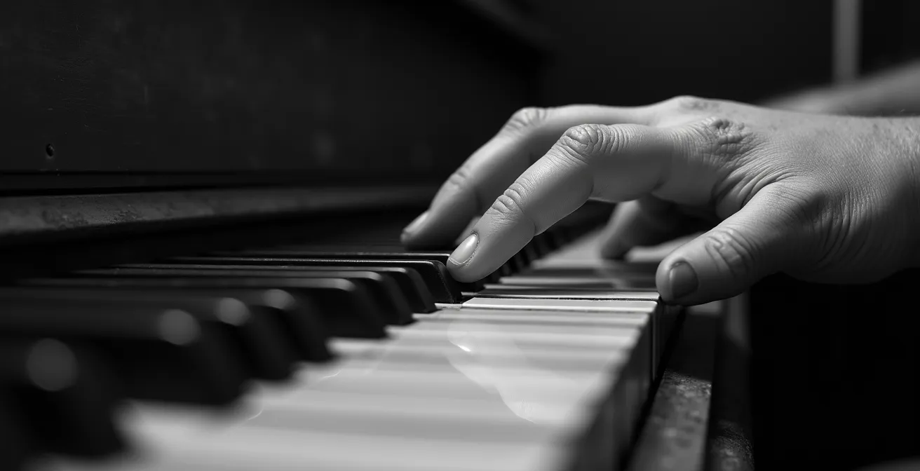 Mains de musicien sur un clavier de piano montrant différents intervalles avec des ombres expressives