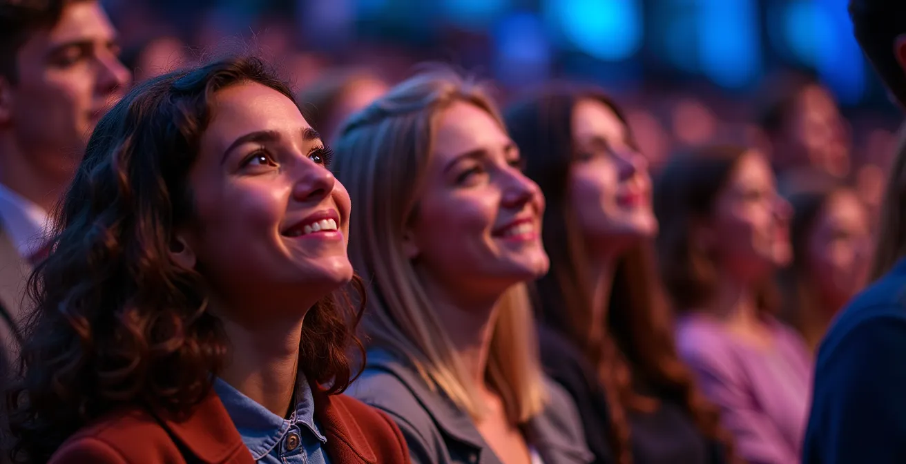 Jeune public diversifié assistant à un concert symphonique moderne dans une salle contemporaine