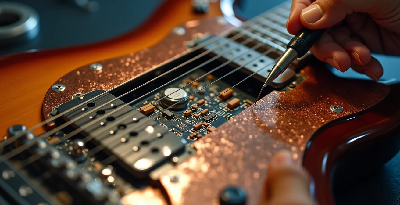 Atelier de luthier avec guitare électrique démontée et outils de blindage
