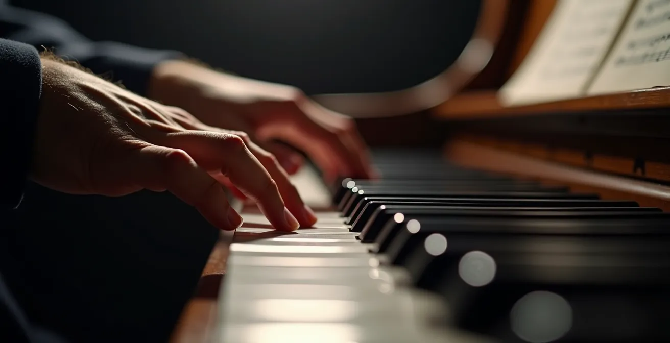 Vue macro des mains d'un pianiste montrant l'indépendance rythmique entre main gauche et droite