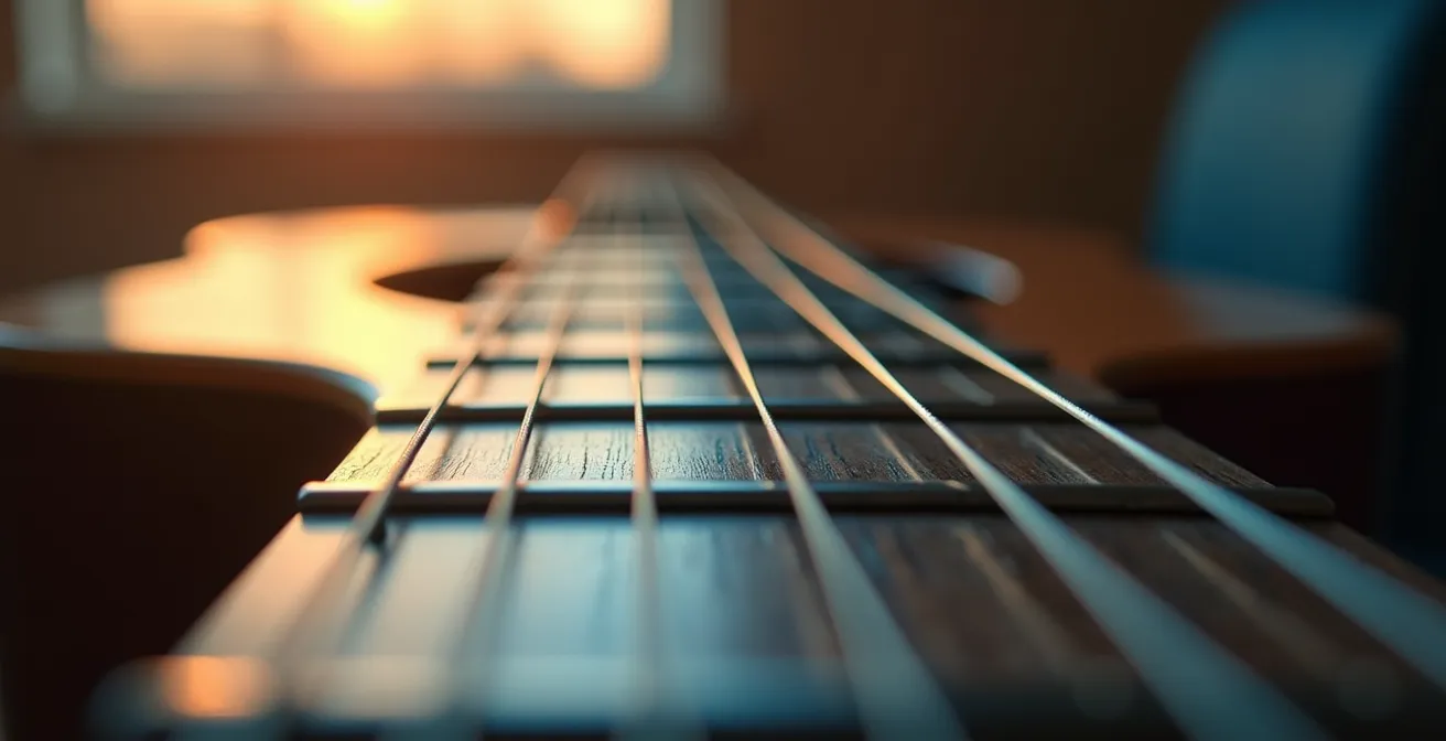 Gros plan macro sur un manche de guitare avec des repères visuels abstraits indiquant les positions des tierces et septièmes