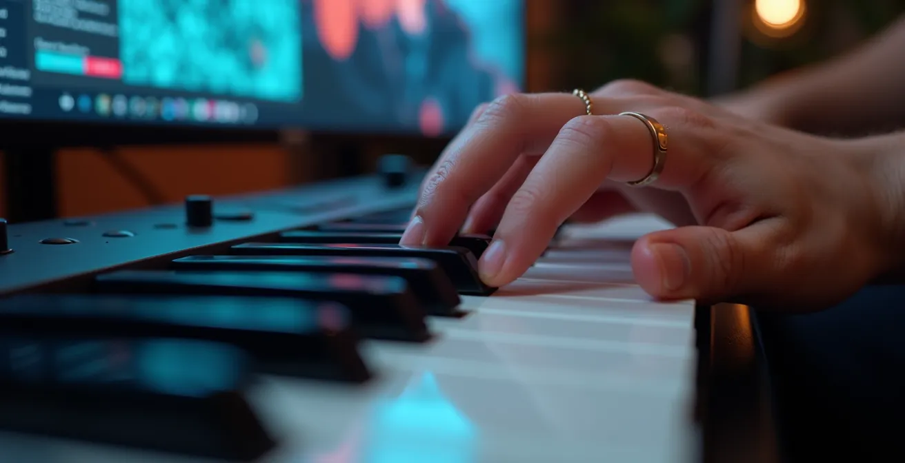 Mains d'un adulte sur un clavier MIDI avec une visualisation des notes sur un écran flou en arrière-plan, symbolisant l'apprentissage moderne.