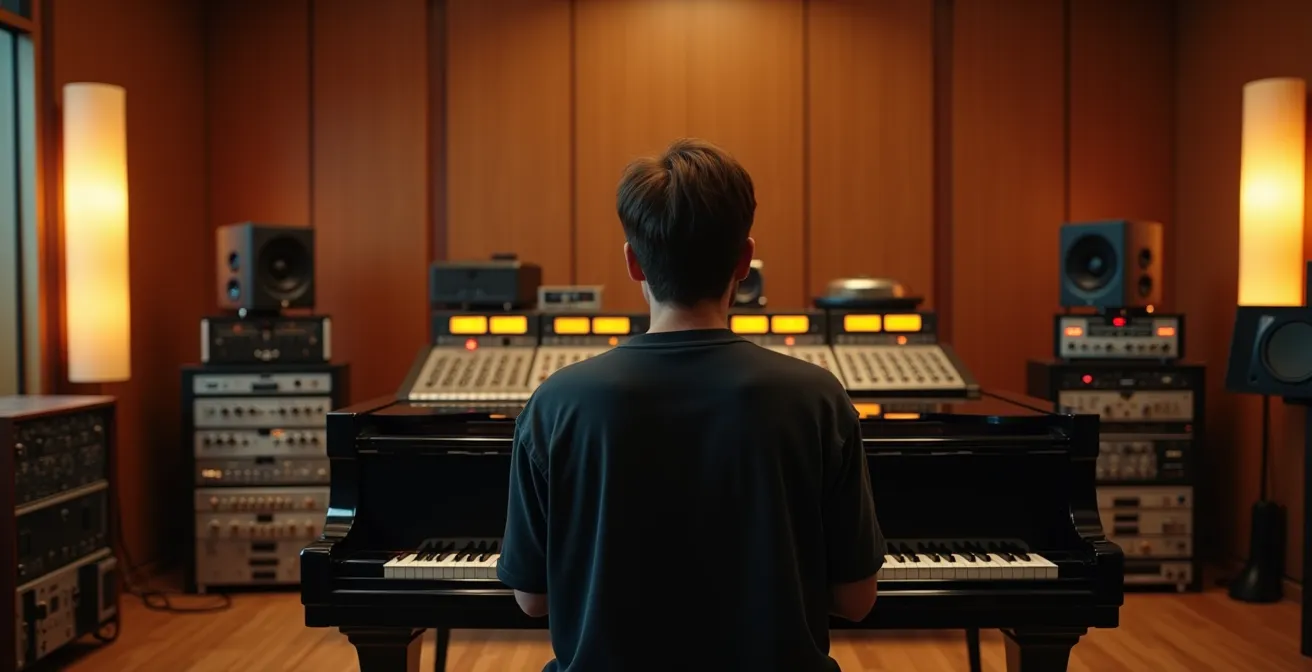 Musicien dans un studio d'enregistrement professionnel avec console de mixage en arrière-plan flou