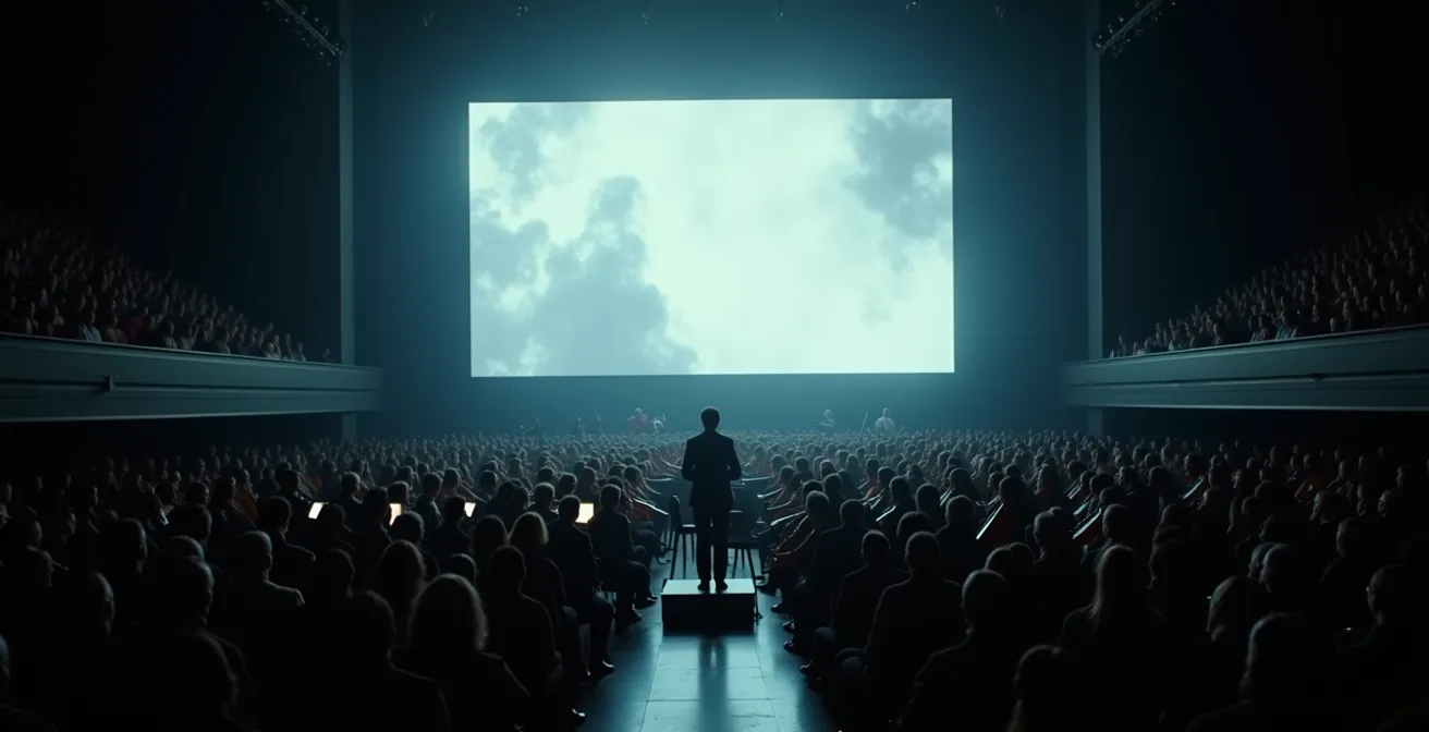 Orchestre symphonique jouant devant un écran de cinéma géant lors d'un ciné-concert