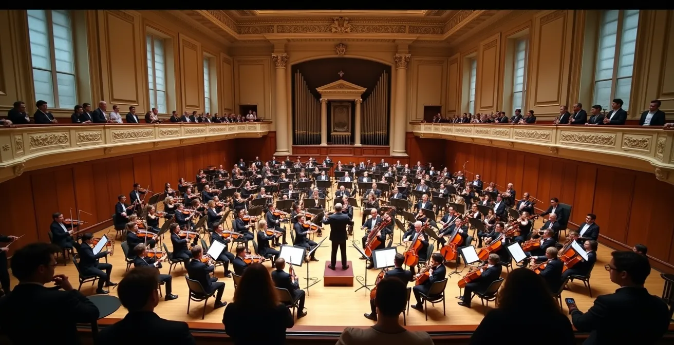 Vue d'ensemble d'un orchestre symphonique en répétition dans une salle de concert française