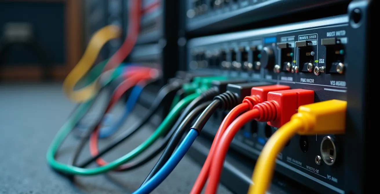 Organisation professionnelle des câbles électriques sur scène avec séparation des circuits