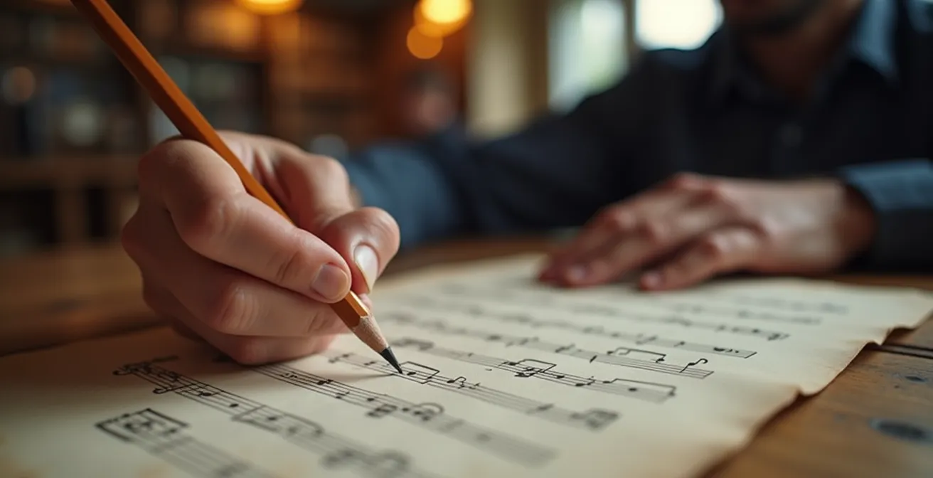 Partition manuscrite avec annotations de phrasé et accents prosodiques sur bureau de compositeur