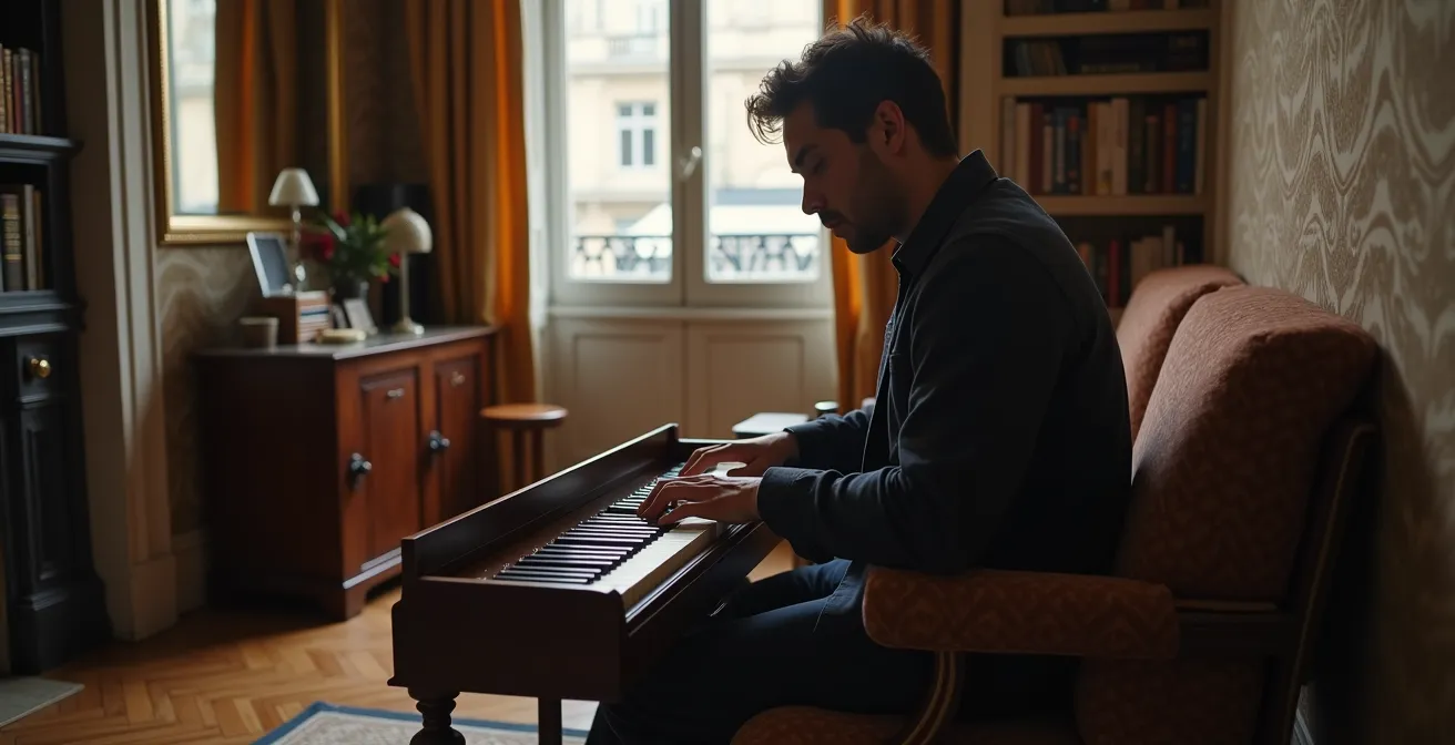 Piano droit compact positionné dans angle salon 20m² avec aménagement acoustique