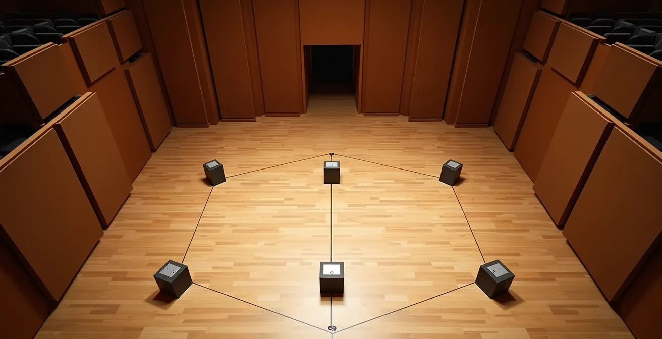 Vue aérienne schématique d'une salle avec disposition optimale des enceintes