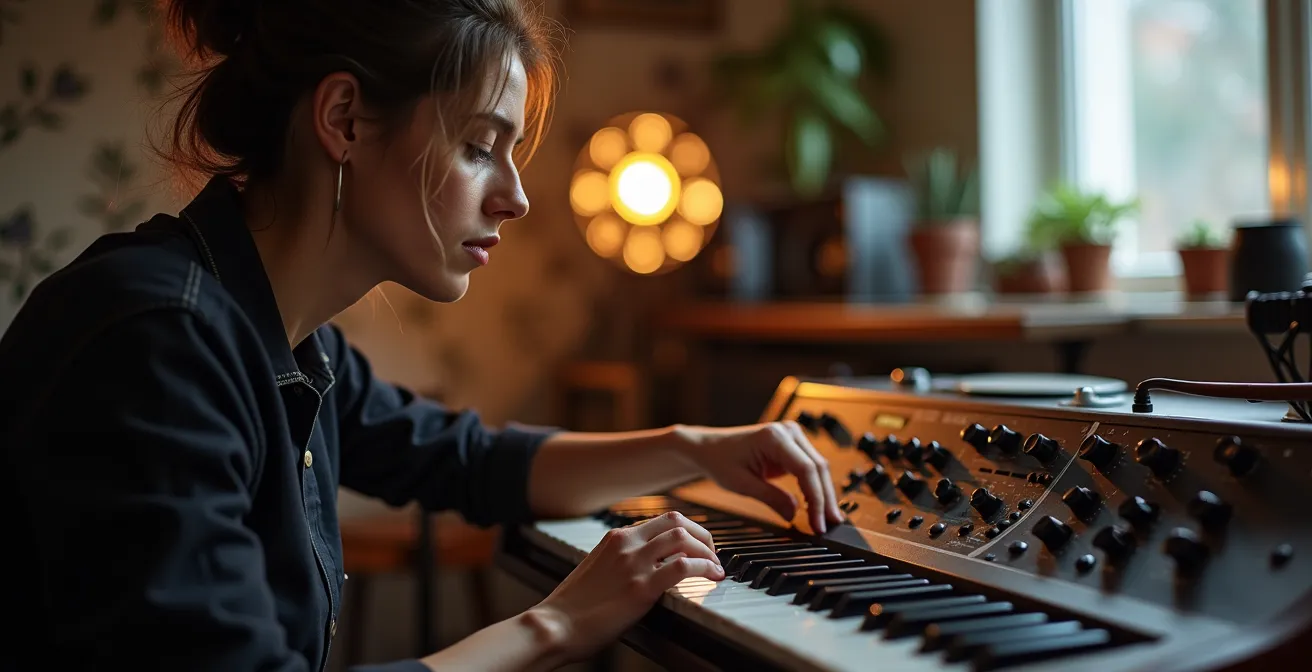 Musicien travaillant sur une transition harmonique dans un home studio