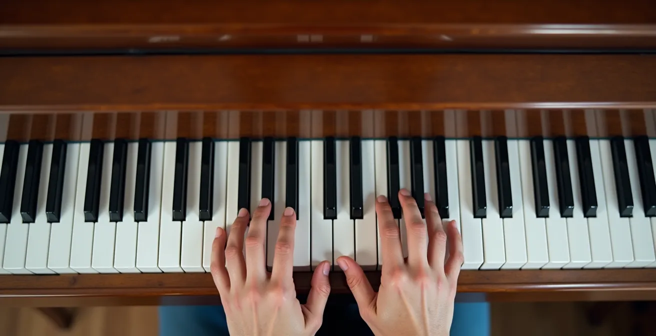 Vue aérienne des mains sur le clavier montrant la position d'un shell voicing